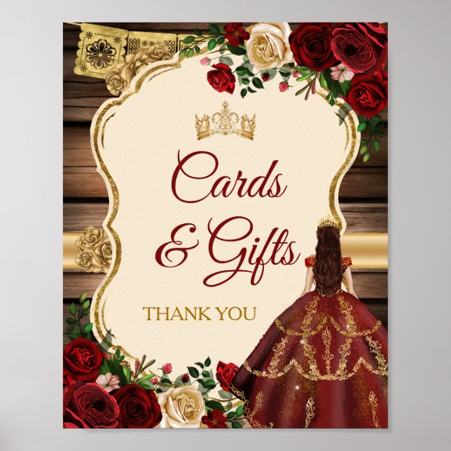  Mis Quince Burgundy Floral Rustic Cards Gifts Poster (Front)