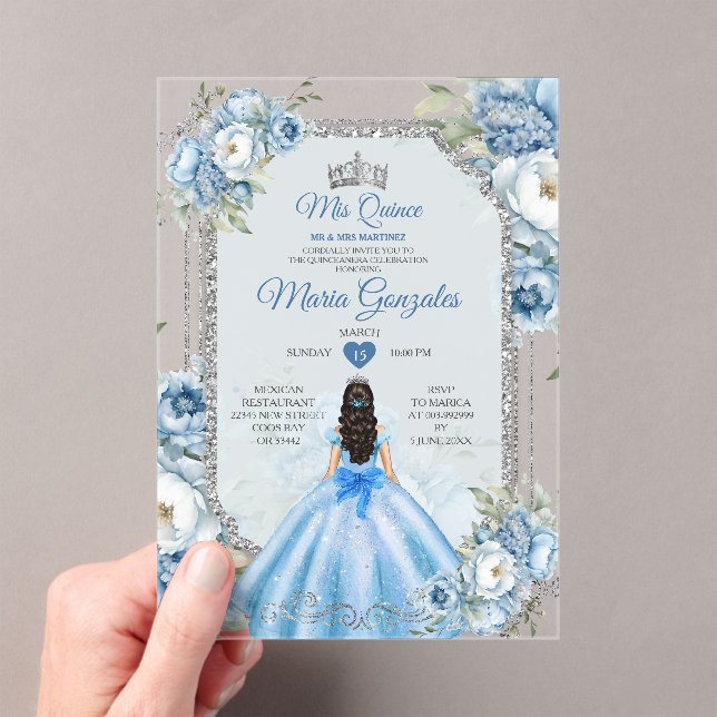 Mis Quince Dusty Blue & Silver Floral Quinceañera Acrylic Invitations (Insitu (Handheld))