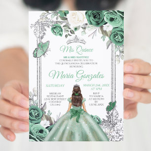 Mis Quince Dusty Green & Silver Floral Quinceanera Invitation
