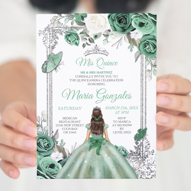 Mis Quince Dusty Green & Silver Floral Quinceanera Invitation (Creator Uploaded)