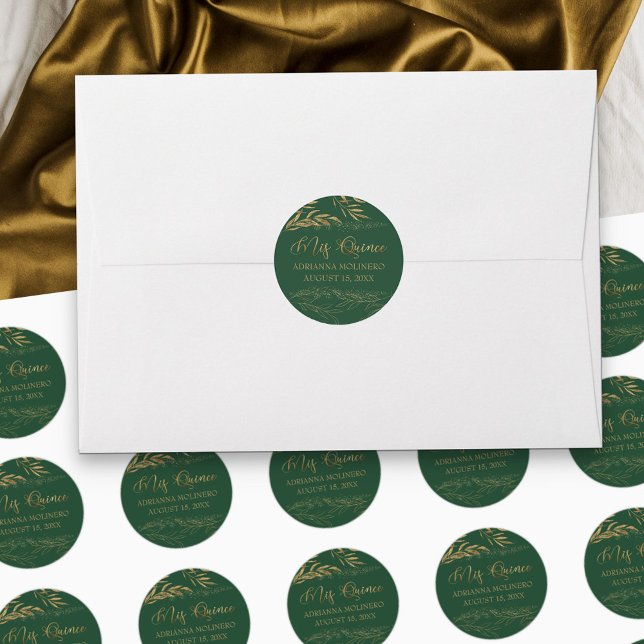 Mis Quince Emerald Green and Gold Leaf 15 Birthday Classic Round Sticker (Mis Quince stickers for stationery, favors or party decor in emerald green - my Gold Leaf Collection)