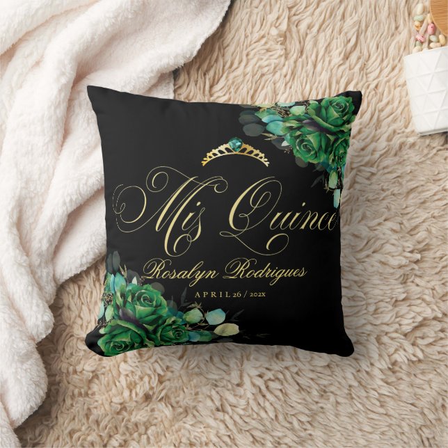 Mis Quince Emerald Green Flowers Tiara Cushion (Blanket)