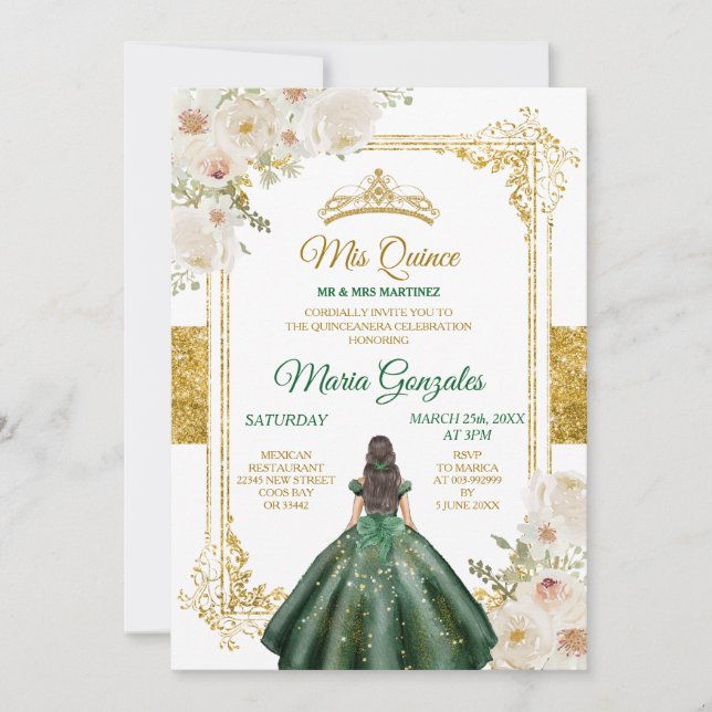 Mis Quince Emerald Green & White Floral Birthday Invitation (Front)