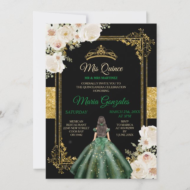 Mis Quince Emerald Green & White Floral Birthday Invitation (Front)