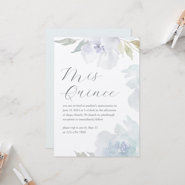 Mis Quince Floral Birthday Quinceañera Laid Paper Invitation (Front/Back In Situ)