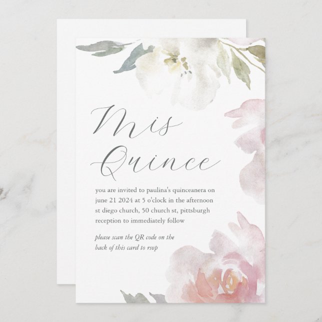 Mis Quince Floral Birthday Quinceañera QR Code Invitation (Front/Back)