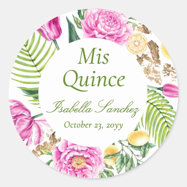 Mis Quince Floral Pink Peonies Lemons Quinceañera  Classic Round Sticker (Front)