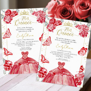 Mis Quince Invitation Bilingual Red Dress Floral