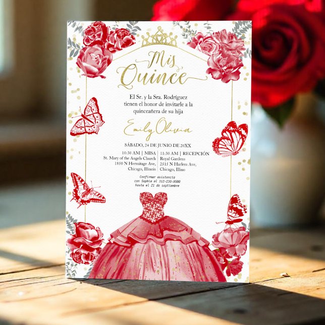 Mis Quince Invitation Spanish Red Dress Floral (Creator Uploaded)