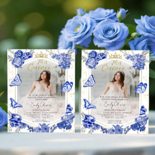 Mis Quince Photo Budget Invitation Bilingual Blue