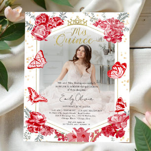Mis Quince Photo Budget Invitation Red Floral