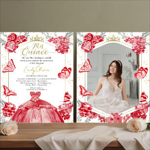 Mis Quince Photo Budget Invitation Red Floral