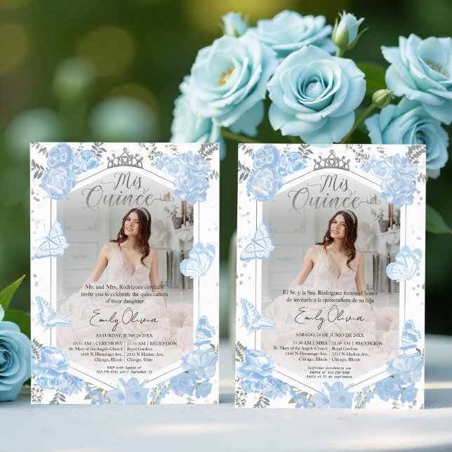 Mis Quince Photo Invitation Bilingual Dusty Blue (Creator Uploaded)