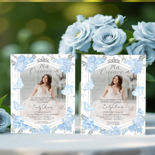 Mis Quince Photo Invitation Bilingual Dusty Blue