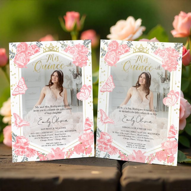 Mis Quince Photo Invitation Bilingual Pink Floral (Creator Uploaded)