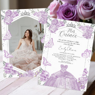 Mis Quince Photo Invitation Lavender Floral Silver