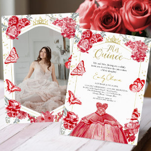 Mis Quince Photo Invitation Red Floral Gold Foil