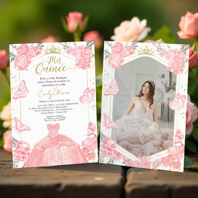 Mis Quince Photo Invitation Spanish Pink Floral (Creator Uploaded)