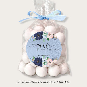 Mis Quince, Quinceañera con Flores Azul y Rosa Classic Round Sticker