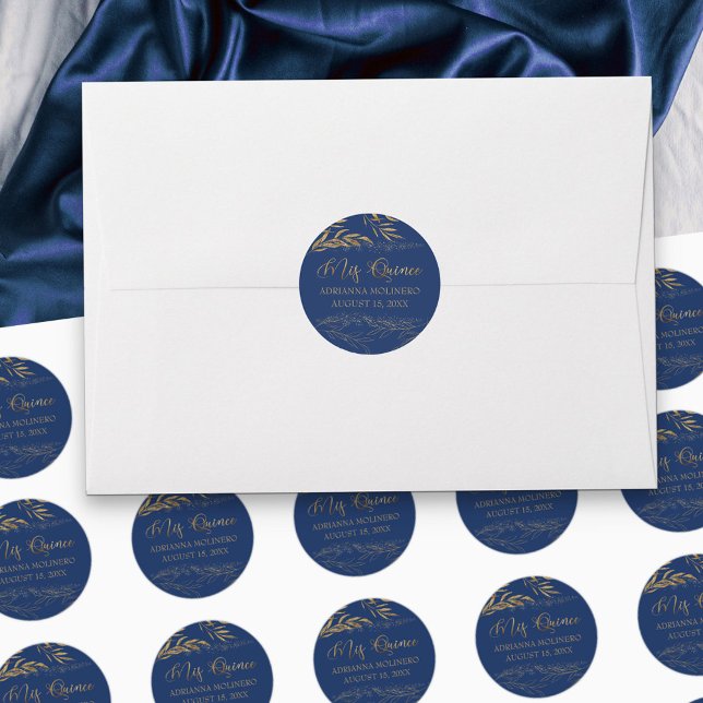 Mis Quince Royal Blue and Gold Leaf 15 Birthday Classic Round Sticker (Mis Quince stickers for stationery, favors and party decor in blue, from my Gold Leaf Collection)