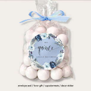 Mis Quince, Spanish, Blue Floral Wreath Classic Round Sticker