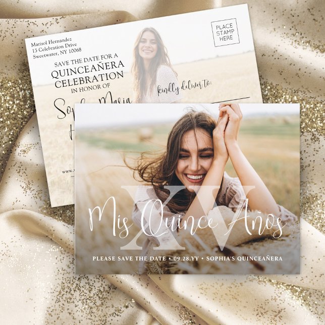 Mis XV Años Modern Photo Quinceañera Save the Date Announcement Postcard (Creator Uploaded)