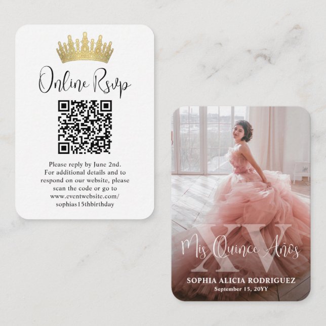 Mis XV Años Online RSVP QR Code Quinceañera Photo Enclosure Card (Front/Back)