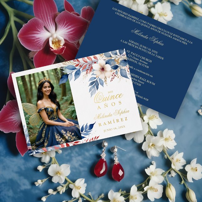 Mis XV Delicate Blue Red Shades Floral Botanical  (Delicate Blue & Red Shades Floral Botanical Bouquets Photo Quinceañera Metallic Foil Invitation Card)