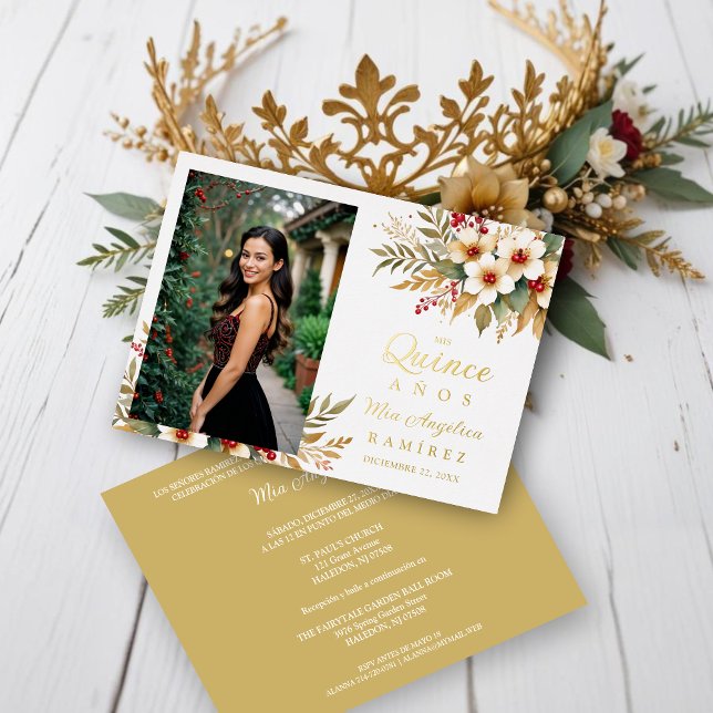 Mis XV Delicate Christmas Spanish Floral Photo (Delicate Christmas Faux Gold & Red Shades Floral Botanical Bouquets Photo Quinceañera Metallic Foil )