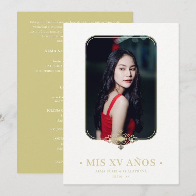 Mis XV Lace Flourish Golden Effect Photo Spanish Invitation (Front/Back)