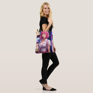 Misato Katsuragi with pink hair tote bag