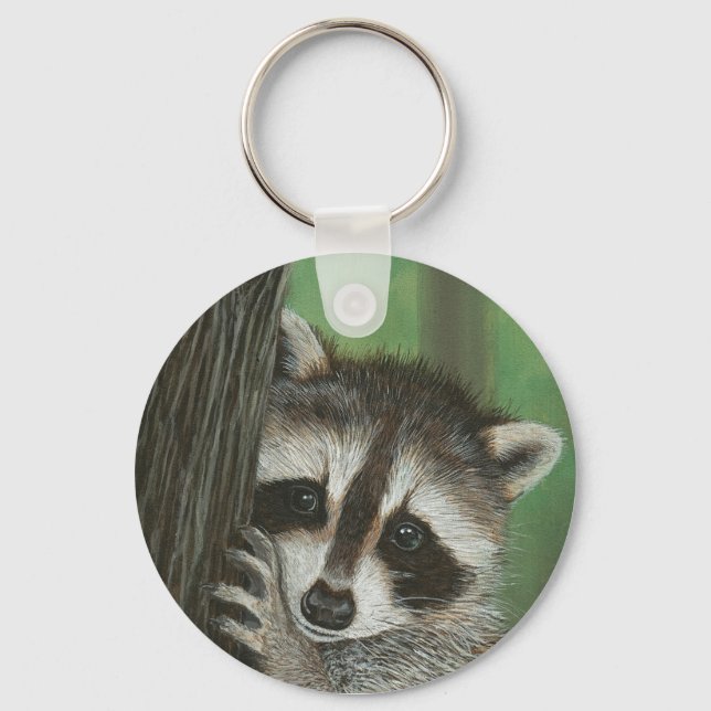 Mischief Racoon up a Tree keychain (Front)