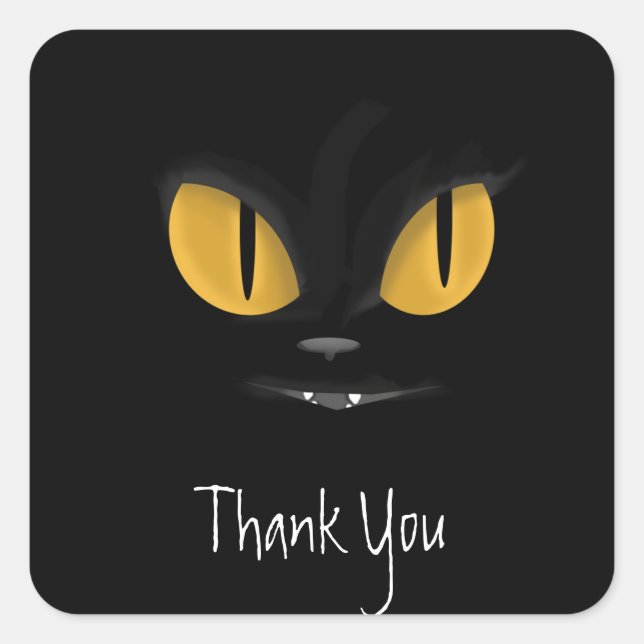 Mischievous Black Cat with Fangs Thank You Square Sticker (Front)