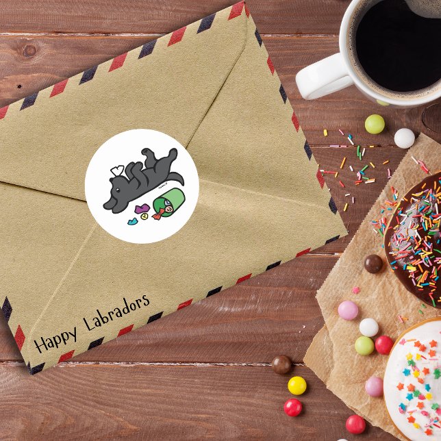 Mischievous Black Labrador Side Eye Classic Round Sticker (Funny Side Eye Black Labrador Cartoon Sticker for Labrador Owners.  Created by Naomi Ochiai.)