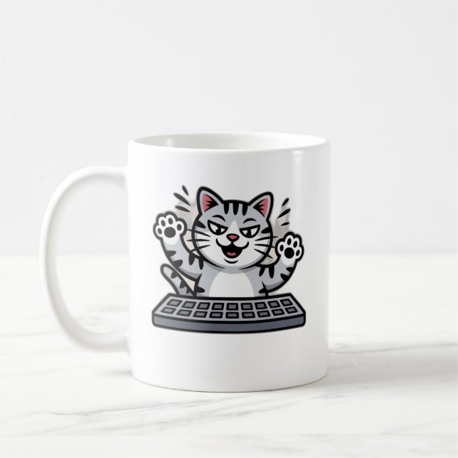 Mischievous Cartoon Cat at Keyboard Coffee Mug (Left)