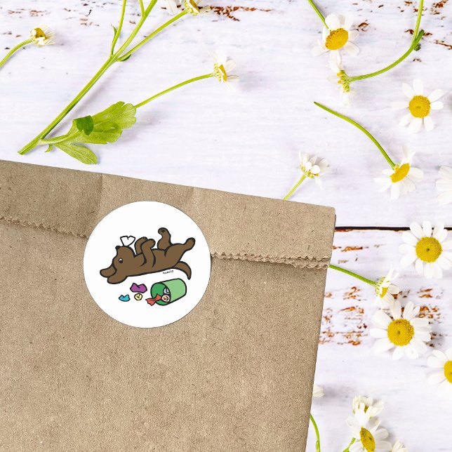 Mischievous Chocolate Labrador Side Eye Classic Round Sticker (Funny Side Eye Chocolate Labrador Cartoon Sticker for Labrador Owners.  Created by Naomi Ochiai.)