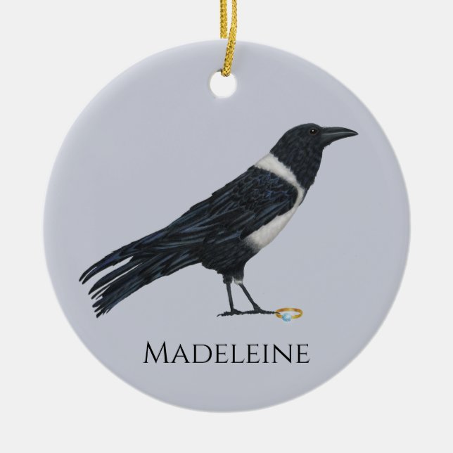Mischievous Crow and Ring  Ceramic Ornament (Front)