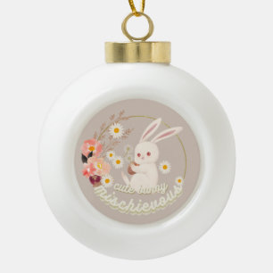 Mischievous Cute Bunny and Flower Ceramic Ornament