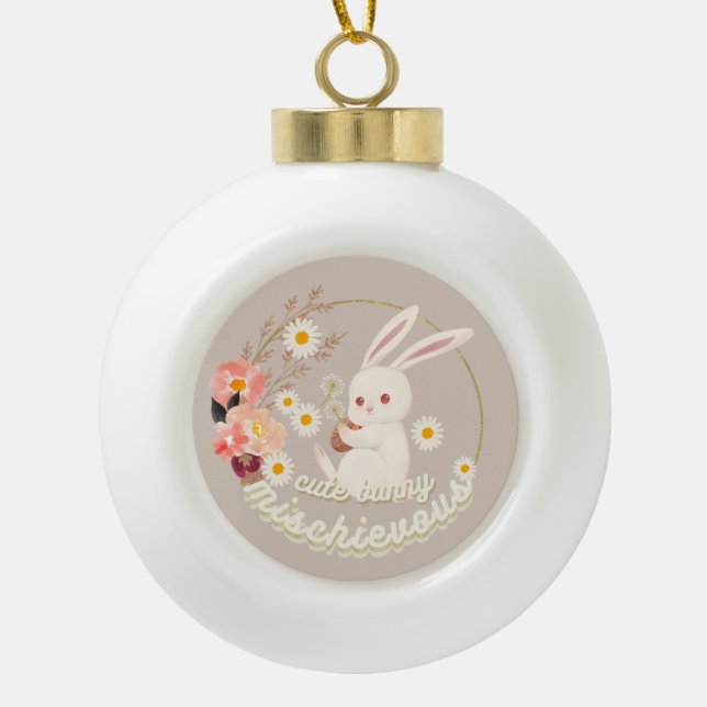 Mischievous Cute Bunny and Flower Ceramic Ornament (Front)