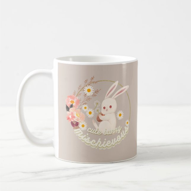 Mischievous Cute Bunny and Flower  Coffee Mug (Left)
