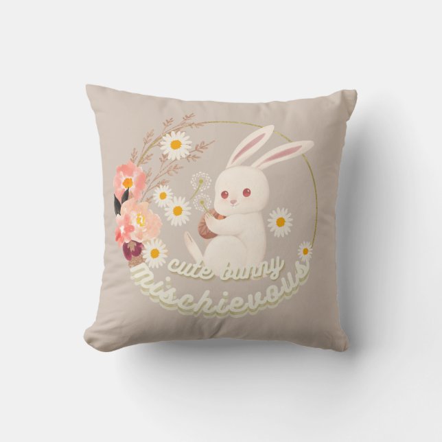 Mischievous Cute Bunny and Flower Ornament Cushion (Front)