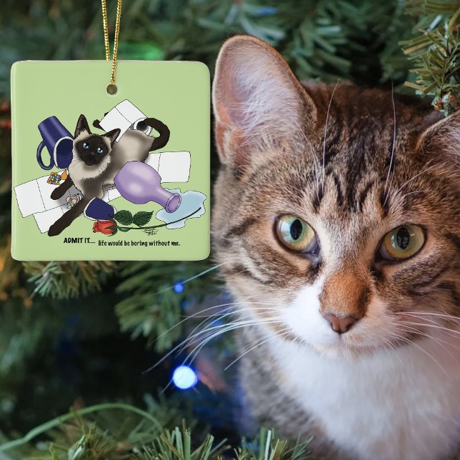 Mischievous Green Cheeky Siamese Cat Funny Ceramic Ornament (Creator Uploaded)