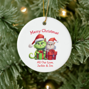 Mischievous Green Christmas Cats Ceramic Ornament