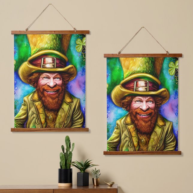 Mischievous Green Leprechaun with Clover Hanging Tapestry (Asymmetrical)