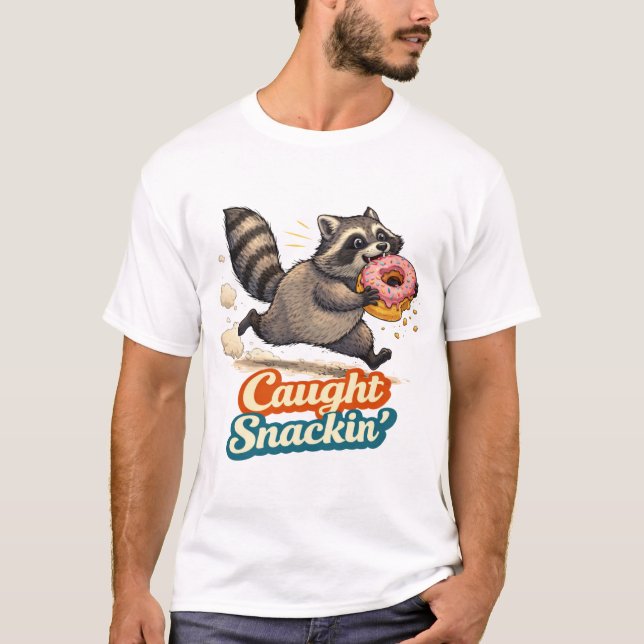 Mischievous Raccoon Stealing Donut – Caught Snacki T-Shirt (Front)
