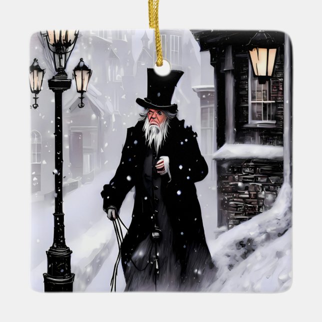 Miserly Ebenezer Scrooge Snowy Victorian Street Ceramic Ornament (Front)