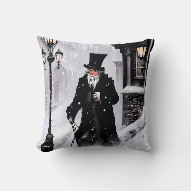 Miserly Ebenezer Scrooge Snowy Victorian Street Cushion (Front)