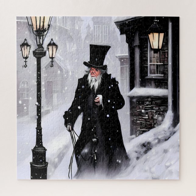 Miserly Ebenezer Scrooge Snowy Victorian Street Jigsaw Puzzle (Vertical)