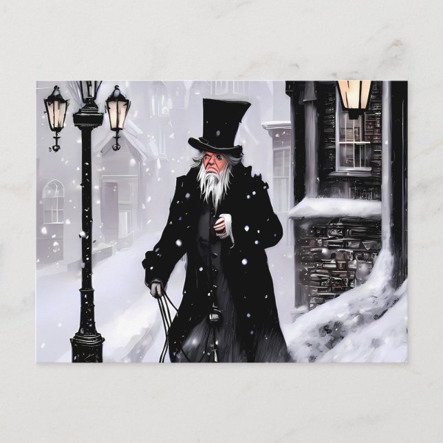 Miserly Ebenezer Scrooge Snowy Victorian Street Postcard (Front)