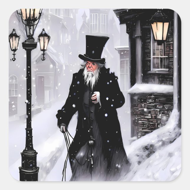 Miserly Ebenezer Scrooge Snowy Victorian Street Square Sticker (Front)